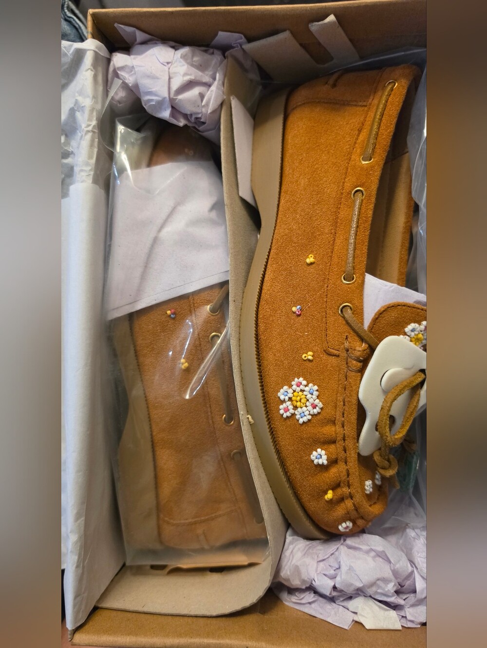 Free People Suede Moccasin Loafers with Floral Bead Detail - Tan - Picture 4 of 4